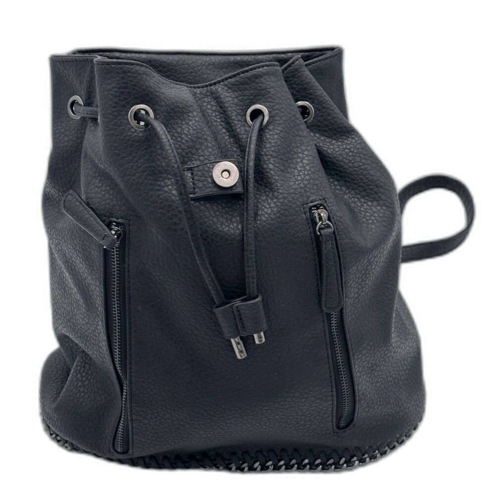 Expressions NYC Black Vegan Leather Backpack w/ Gunmetal Chain Detail NWOT - Picture 4 of 12